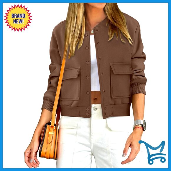 Jackets & Blazers - Cropped Bomber Jacket Casual Varsity Y2K Fashion Loose Fit Button Down Pockets